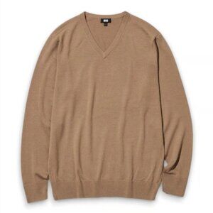 Uniqlo Extra Fine Merino V-Neck Sweater in Camel